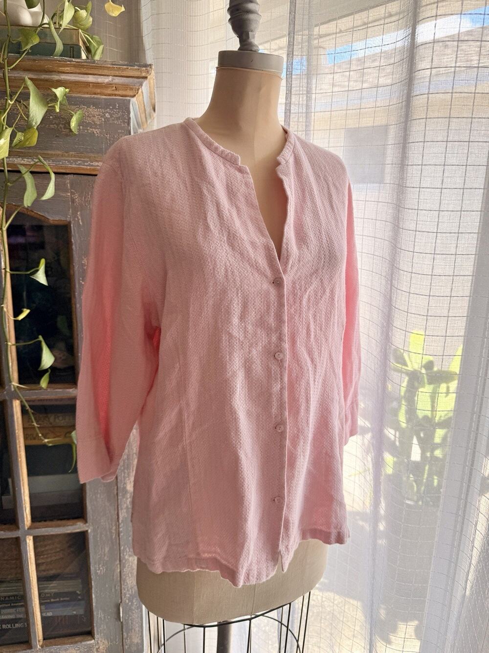 Eileen Fisher Light Dusty Pink Linen Textured Waffle Jacket Top Elegant Size XL
